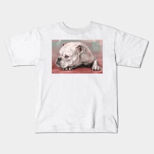 Painting of a White Bulldog Lying on the Floor. Red, Turquoise Background Kids T-Shirt